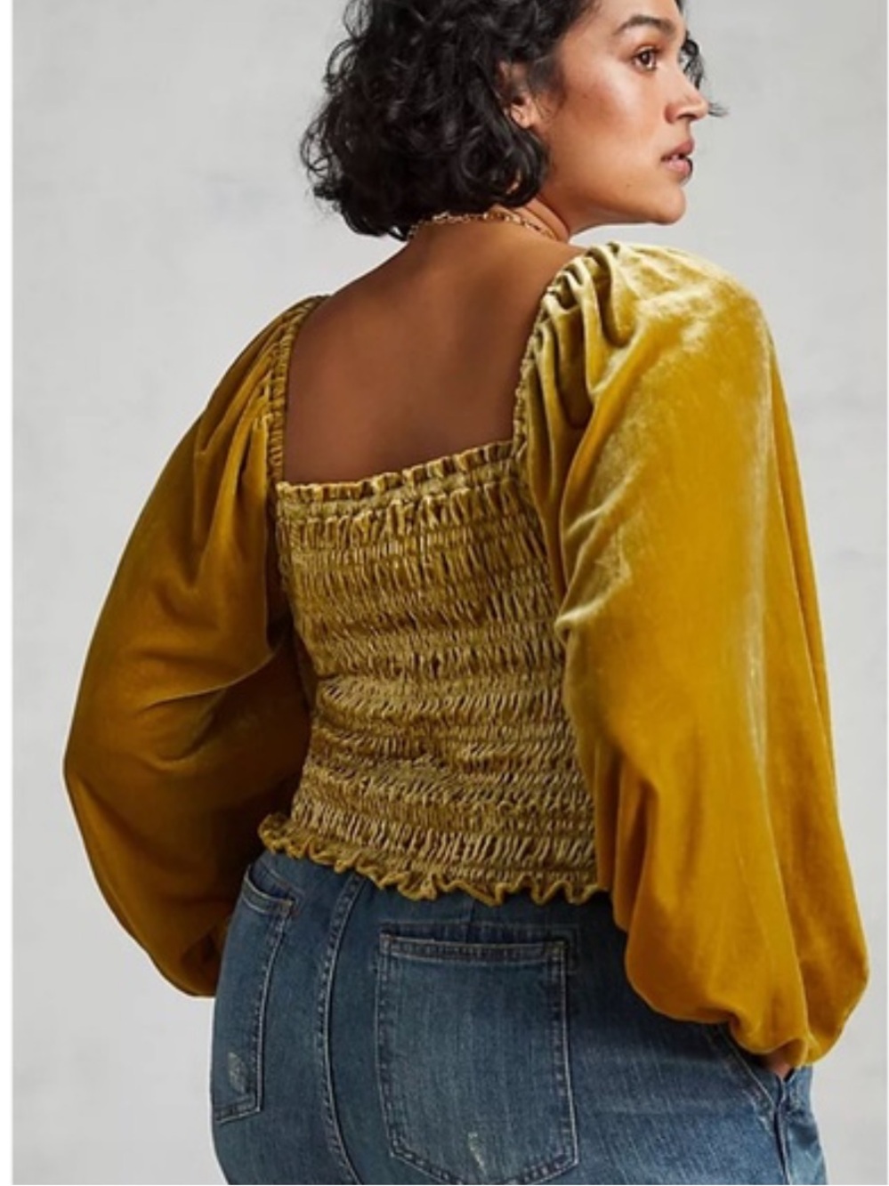 ANTHROPOLOGIE Golden velvet puff sleeve smocked bodice romantic long sleeve crop - Picture 10 of 15